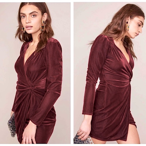 Astr Dresses & Skirts - ASTR the Label Lanita Red Merlot Ribbed Velvet Faux Wrap Dress Size Large